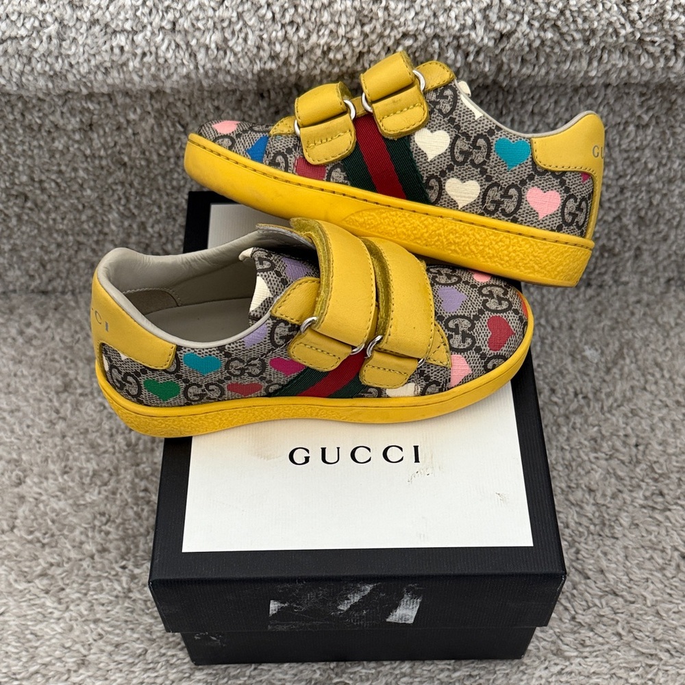 Gucci Kids Yellow Heart GG Canvas Velcro Sneakers - Picture 9 of 9